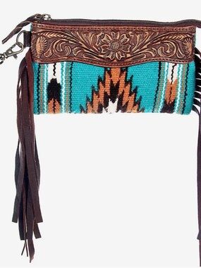 American Darling Turquoise Aztec Leather Fringe Wristlet